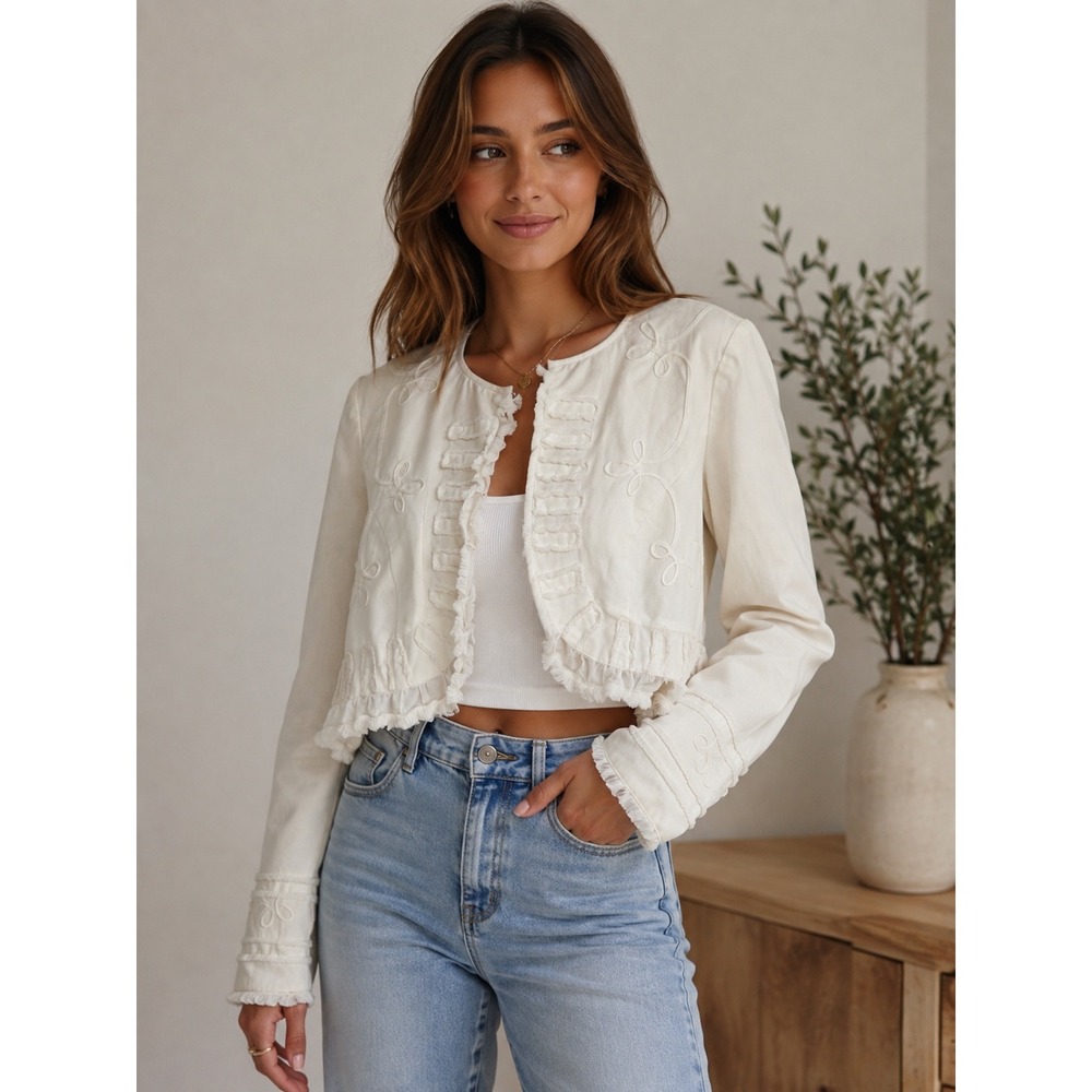 Latina Life Womens Ivory Embroidered Cropped Jacket Soutache Ruffle Bolero 14